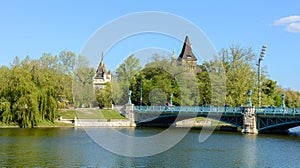 Vajdahunyad Castle in Budapest. The castle is a decoration of Varoshliget park. Vaidahunyad Castle houses the Agricultural Museum