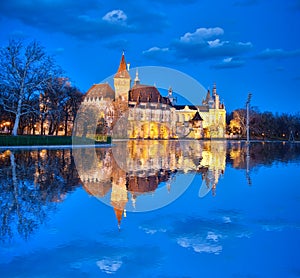 Vajdahunyad castle in the evening with lake, Budapest, Hungary