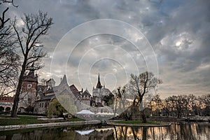 Vajdahunyad Castle in front of a lake in Varosliget Park the city park in Budapest, Hungary