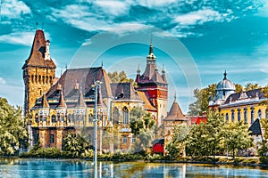 Vajdahunyad Castle Hungarian-Vajdahunyad vara with lake reflection. Budapest, Hungary photo