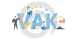 VAK, Visual, Auditory and Kinesthetic. Concept with keywords, people and icons. Flat vector illustration. Isolated on