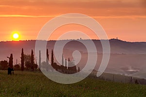 Val d'Orcia at sunset with photographer, Italy