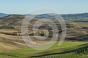 VAL D`ORCIA, TUSCANY-ITALY, OCTOBER 30, 2016: Scenic Tuscany landscape with rolling hills and valleys in autumn