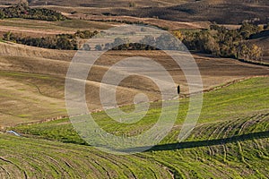 VAL D`ORCIA, TUSCANY-ITALY, OCTOBER 30, 2016: Scenic Tuscany landscape with rolling hills and valleys in autumn