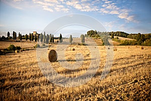 Val D`orcia, Tuscany. Typical Tuscan landscape with round bales after harvest. Siena, Italy