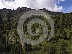 Val di Fassa Trentino Alto Adige, Italy, Val Monzoni aerial view, Dolomites landscape