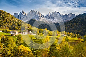 Val di Funes in the Dolomites at sunset, South Tyrol. Italy