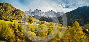 Val di Funes in the Dolomites at sunset, South Tyrol. Italy