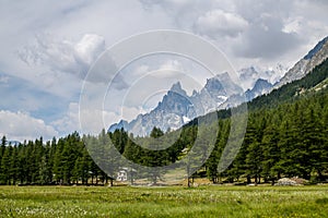 Val Ferret near Courmayeur and Mont Blanc massif landscape