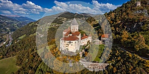 Val Isarco, Italy - Aerial panoramic view of Trostburg Castle Castel Trostburg, a XII century fortress at the Italian Dolomites photo