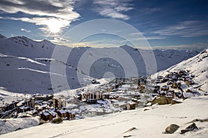 View of the Val Thorens ski resort of Three Valleys, France. Mountains covered with snow