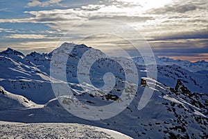 Val Thorens slope in French Savoie at sunset