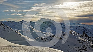 Val Thorens slope in French Savoie at sunset