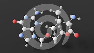 valaciclovir molecule, molecular structure, nucleosides and nucleotides, ball and stick 3d model, structural chemical formula with photo