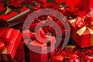 Valantine gift box with roses and red ribbons, love day 05. Generative AI