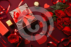 Valantine gift box with roses and red ribbons, love day 06. Generative AI