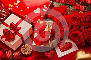 Valantine gift box with roses and red ribbons, love day 07. Generative AI