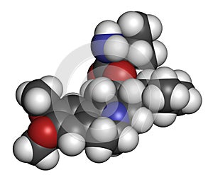 Valbenazine tardive dyskinesia drug molecule. 3D rendering. Atoms are represented as spheres with conventional color coding:.
