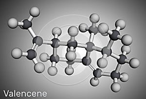 Valencene molecule. It is carbobicyclic compound, sesquiterpene, aroma component of citrus fruit. Molecular model. 3D rendering photo