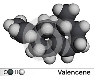 Valencene molecule. It is carbobicyclic compound, sesquiterpene, aroma component of citrus fruit. Molecular model. 3D rendering photo