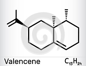 Valencene molecule. It is carbobicyclic compound, sesquiterpene, aroma component of citrus fruit. Skeletal chemical formula photo