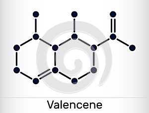 Valencene molecule. It is carbobicyclic compound, sesquiterpene, aroma component of citrus fruit. Skeletal chemical formula photo