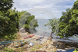 Valencia, Bohol, Philippines - Fishing boats, also known as bancas, docked near the shoreline