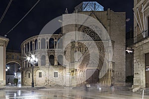 Valencia cathedral through the door of the apostles, night image, spain