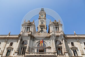 Valencia City Hall Plaza del Ayuntamiento facade against blue sky. photo
