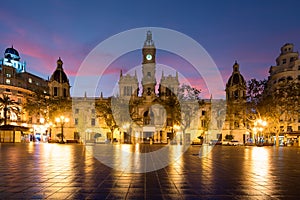 Valencia City Hall on Plaza del Ayuntamiento in Valencia, Spain.