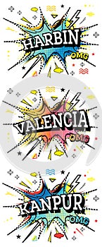 Valencia, Kanpur and Harbin Comic Text Set