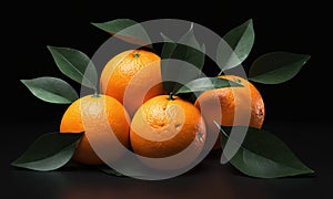 Valencia orange with green leaves, a vibrant contrast on a black background