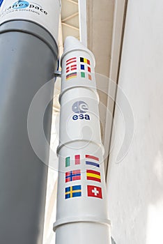 Valencia, Spain - December 7, 2018: Detail of the replica of an ESA space shuttle, the Ariane