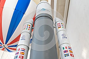 Valencia, Spain - December 7, 2018: Detail of the replica of an ESA space shuttle, the Ariane