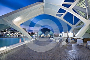 Valencia, Spain - January 20, 2023: The Hemisferic Planetarium in the City of Arts and Sciences at dusk in Valencia. Spain