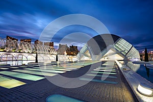 Valencia, Spain - January 20, 2023: The Hemisferic Planetarium in the City of Arts and Sciences at dusk in Valencia. Spain