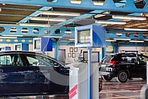 Valencia, Spain - May 29, 2019: Vehicle control monitor at a car technical control station in Spain, ITV