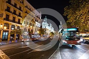 Valencia streetlife at night with ancient buildings illuminated photo