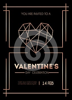 Valenine`s day rose gold invitation card. Minimalistic Valenine