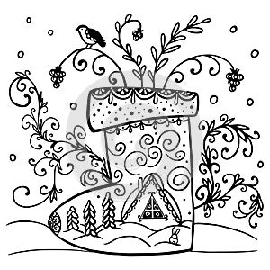 Valenki winter traditional Russian shoes in doodle style. Snow illustration for Christmas and New Year. For postcards or