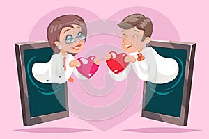 Valentin Day Internet Cute Happy Businesswoman Businessman Hold Greeting Love Heart Mobile Phone Background Cartoon
