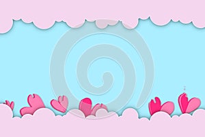 Valentin`s day background with pink heart shaped and cloud, space for text, Abstract vector, paper cut,love