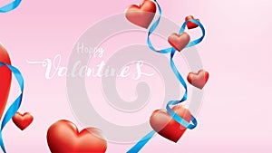 Valentine 3D Colorful Red Romantic Hearts shape flying and Floating blue silk ribbon on pink background. symbols of love for Happy