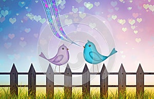 Valentine background with colorful hearts and cute cartoon birds couple in love