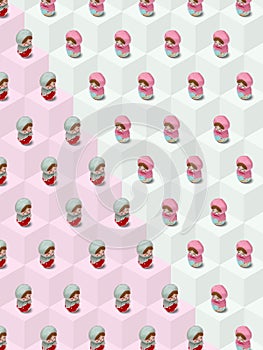 Valentine background, Girls theme, Isometric pattern photographed, cute toy, Russian Matryoshka dolls on a light colored block bac