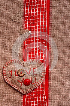 Valentine background hand-sewn heart texstile