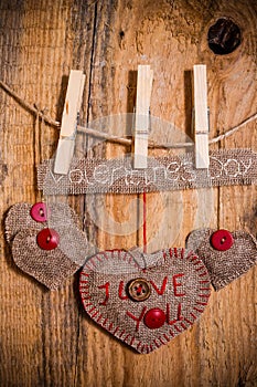 Valentine background hand-sewn heart wood wooden