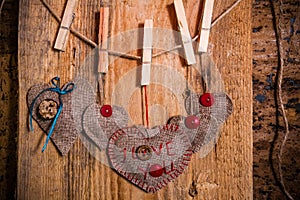 Valentine background hand-sewn heart wood wooden