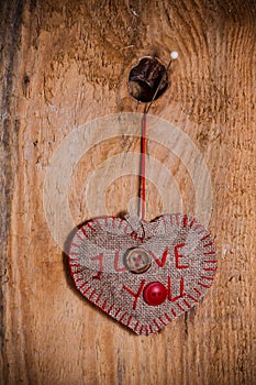 Valentine background hand-sewn heart wood wooden