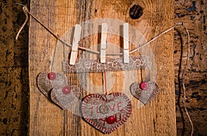 Valentine background hand-sewn heart wood wooden